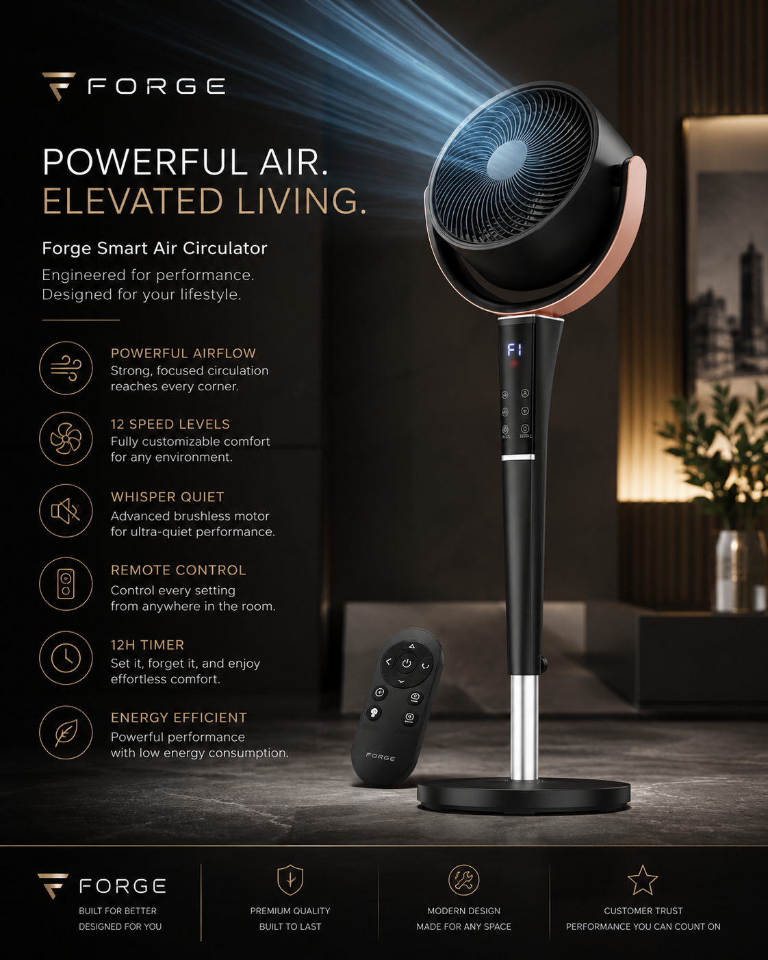 Forge Adjustable Height Portable Pedestal Fan 3 Speed Settings